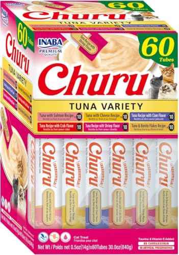 Image of INABA Churu Cat Treats, Lickable, Squeezable Creamy Puree Cat Treat with Green Tea Extract & Taurine, 0.5 Ounces Each Tube, 60 Tubes, Tuna Variety Box (Pack of 8)