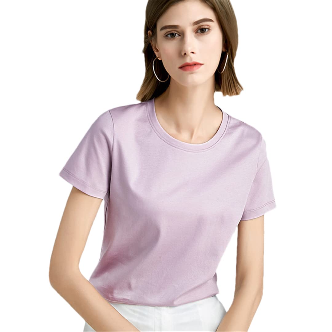 Women Short Sleeve T-Shirts Solid Color Mercerized Cotton Tops O-Neck Blauses
