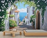 XUWEISI Italian Ocean Landscape Wallpaper 3D Wall Murals, Town Floral Street Murals for Living Room, European Old Villa Removable Wallpaper Sticker for Bedroom Tenant (Not Peel n' Stick)