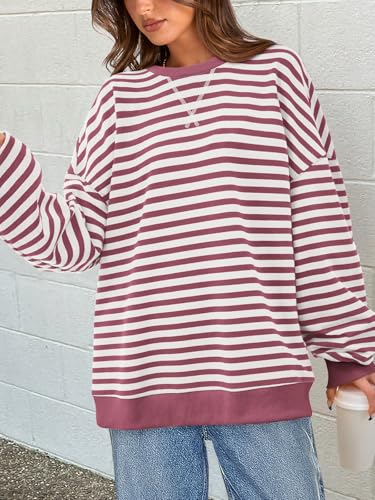 Image of PRETTYGARDEN Womens Striped Oversized Sweatshirt Color Block Crew Neck Long Sleeve Casual Loose Pullover Top Y2K Clothes