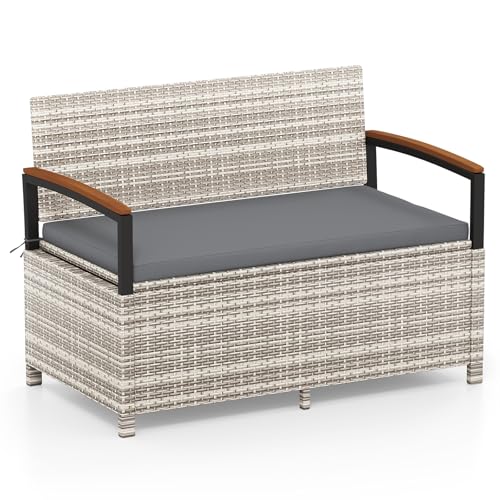 Image of Tangkula 46 Gallon Outdoor Bench with Storage, Outdoor PE Rattan Storage Bench with Cushion, Backrest & Acacia Wood Armrests, Metal Frame, Waterproof Deck Box Seat for Porch Backyard Poolside