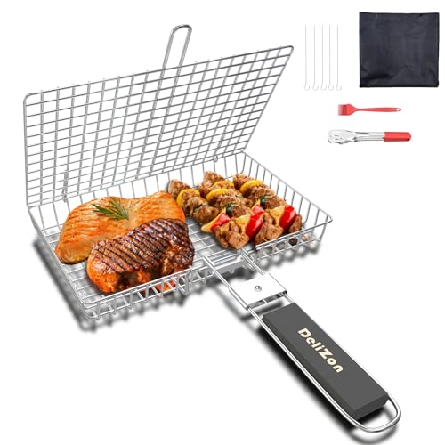 Delizon Grill Baskets Fish Grilling Rack for Outdoor Grill with Removable Handle, Come with Basting Brush Food Tongs & 5x BBQ Skewers