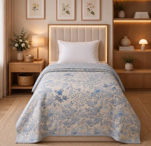 Image of BSB HOME Cotton Dohar for Single Bed, Lightweight AC Dohar Blanket, Soft Breathable Fabric, All-Season Comfort, Easy Care - 58 x 88 Inches (147 x 224 cm) (Powder Blue Bloom)