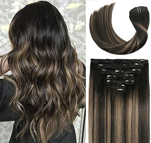 Clip In Human Hair Extensions Thicken Double Weft 9A Brazilian Hair 120g 7pcs Natural Black to Chestnut Brown Highlight Black Full Head Silky Straight 100% Human Hair Clip In Extensions 14 Inch