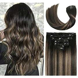 VARIO Clip in Hair Extensions, Real Human Hair 100% 100g 7pcs Natural Black to Light Brown Highlight Black 9A Brazilian Hair Full Head Smooth Woman Beauty 12inch #(1BT6) P1B