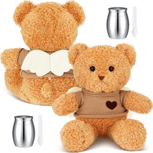 Image of Shappy 2 Set Cremation Urn Stuffed Animal for Ashes Small Keepsake Urn for Human and Pet Ashes with Angel Wing Spoon Memorial Urn for Remember Loss of Loved One Funeral Gifts(Bear,Light Brown)