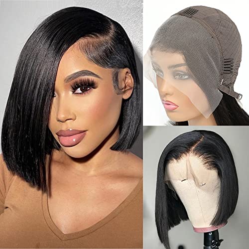 Bob Wig Human Hair 13x4 HD Bob Frontal Wigs Human Hair Bob Lace Front Wigs Human Hair Pre Plucked Brazilian Virgin Natural Black Bob Wig Human Hair with Baby Hair 10 Inch