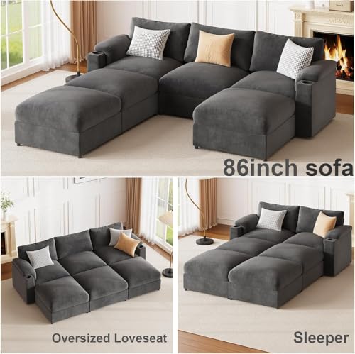 Image of Sectional Couches for Living Room FSC Certified Velvet Modular Couch Oversized Cloud U Shaped Convertible Sleeper Sofa Chaise Detachable Armrest Cushion (Velvet Grey, U Shape 6 Seat)