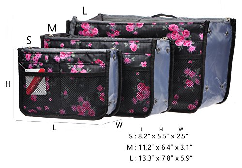 Vercord Purse Organizer Insert for Handbags Bag Organizers Inside Tote Pocketbook Women Nurse Nylon 13 Pockets Black Red Flower Large - Thumbnail 3