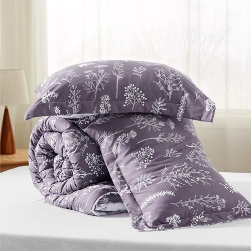 Image of Bedsure Full Comforter Set - Grayish Purple Bed Set, 3 Pieces Cute Floral Bedding, 1 Soft Reversible Botanical Flowers Comforter and 2 Pillow Shams