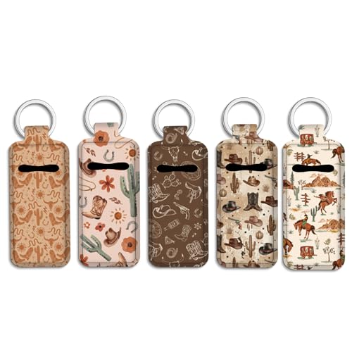 Koazava 5 Pcs Chapstick Holder Key Chain Western Cowboy Lip Balm Holder with Clip for Women Lipgloss Holders Keychain for Lipstick Western Lovers Gift