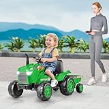 GYMAX Kids Ride On Tractor and Trailer, 12V Battery Powered Toy Car with Remote Control, Wireless Connection, MP3, USB, Music&Spring Suspensions, 2-in-1 Children Electric Car for 3-8 Years Old (Green) - Image 8