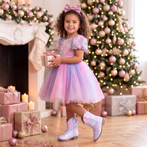 Image of Motasha Toddler Girls Cowgirl Boots Glitter Toddler Cowboy Boot Ankle Girls Boots Little Kids Horse Riding Shoes Party Birthday