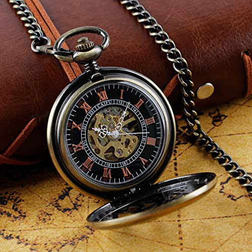 Bronze Men's Antique Mechanical Pocket Watch, Skeleton Mechanical Roman Numerals Pocket Watch with Chain + Box