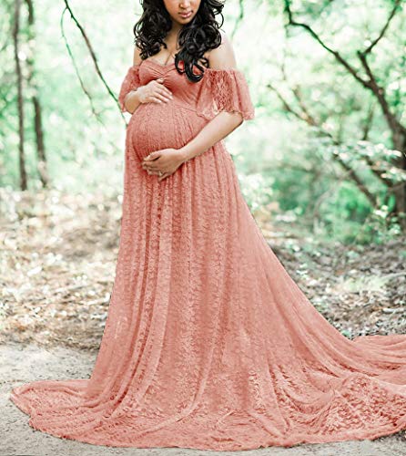 Maternity Photography Props Floral Lace Dress Fancy Pregnancy Gown For Baby Shower Photo Shoot (M, Pink Carnation) #TOP1