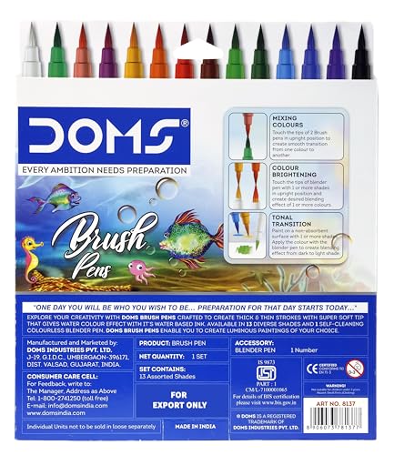 DOMS 14 Shades Brush Pen Box Pack | Super Soft Tip With Brilliant Colors | Water Based Ink Which Gives Water Color Effect | Pack Of 1, Multicolor