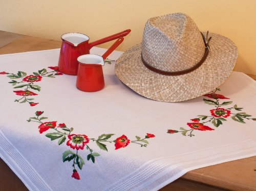 Kamaca Adorable kit de broderie de qualité motif 'pavots', nappe 100 % coton à réaliser soi-même et à broder au point de croix, kit complet prêt a broder, 80 x 80 cm