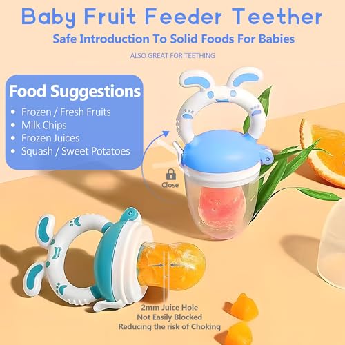 Image of WAJIAYON Baby Fruit Feeder Pacifier | 2 Infant Food Feeder Pacifier & Baby Food Dispensing Spoon | Mesh Fresh Fruit Teethers for Babies Teething Feeders | Shower Gifts for Boys and Girls (Blue)