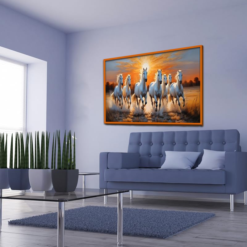Image of Wall Melody Premium Design Seven Running Horses With Sunrise Canvas Wall Paintings Floating Frame Wall Paintings for Home and Office Decor Size : 24x48 Inches
