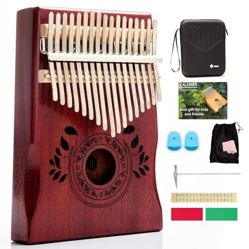 UNOKKI Kalimba Thumb Piano, Portable Mahogany Mbira Finger Piano with Instruction, Case, Tune Hammer, Cherry - Kalimba 17 Key for Kids