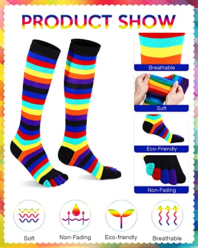 Zhanmai 4 Pairs Rainbow Toe Socks Colorful over Knee 5 Toe Socks Thigh High Rainbow Striped Leg Warmers Funny Pride Long Stocking for Women Girls Christmas Gift3
