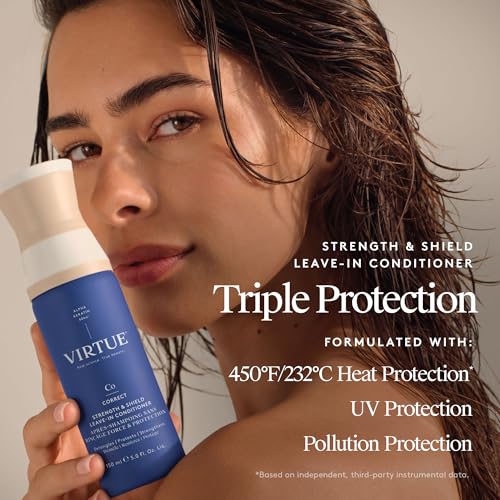 Image of VIRTUE Correct Strength & Shield Leave-In Conditioner Spray, 2 Fl Oz | Detangler, 450F heat protection, UV defense, travel size, all hair types, repairs with Alpha Keratin 60KU, coconut fragrance
