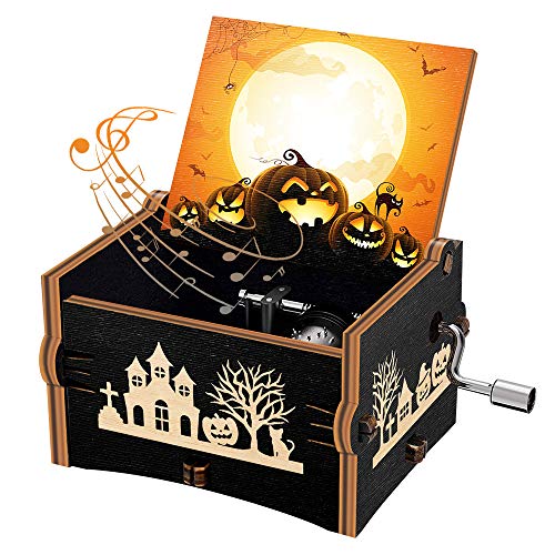 Halloween Wood Music Box, The Nightmare Before Christmas Hand Crank Engraved Wooden Music Box Gifts for Kids/Girlfriend/Women/Daughter, Plays This is Halloween Melody