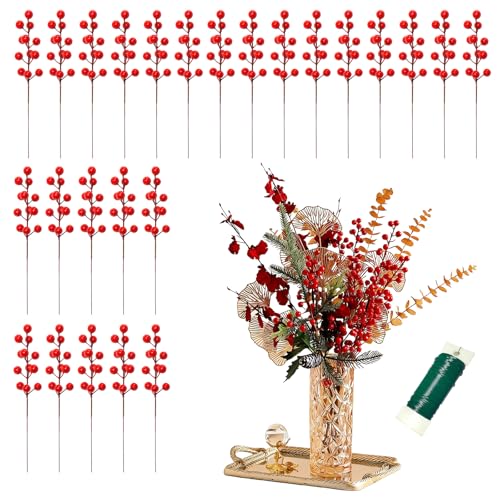 Solivive 25 Stück Künstliche Rote Beeren, 23cm Holly Zweige Picks,...