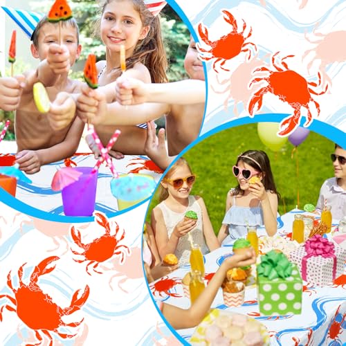 Image of Juexica 2 Pcs 54 x 108 Inch Crab Boil Party Table Cloth Summer Seafood Party Supplies Plastic Crab Tablecover Decorations Rectangular for Sea Animals Dining Kitchen Centerpiece (Blue Waves Style)