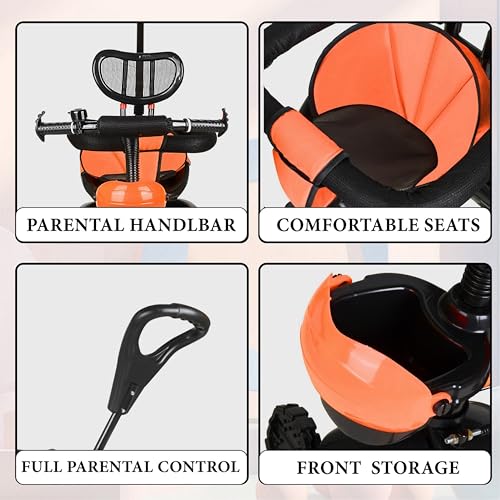 Image of Tricycle 1 Years to 5 Years with Removable Safety Guard and Parental Control Back Side Push Handle with Rubber Tyre for Kid's CR07 (Orange 4)