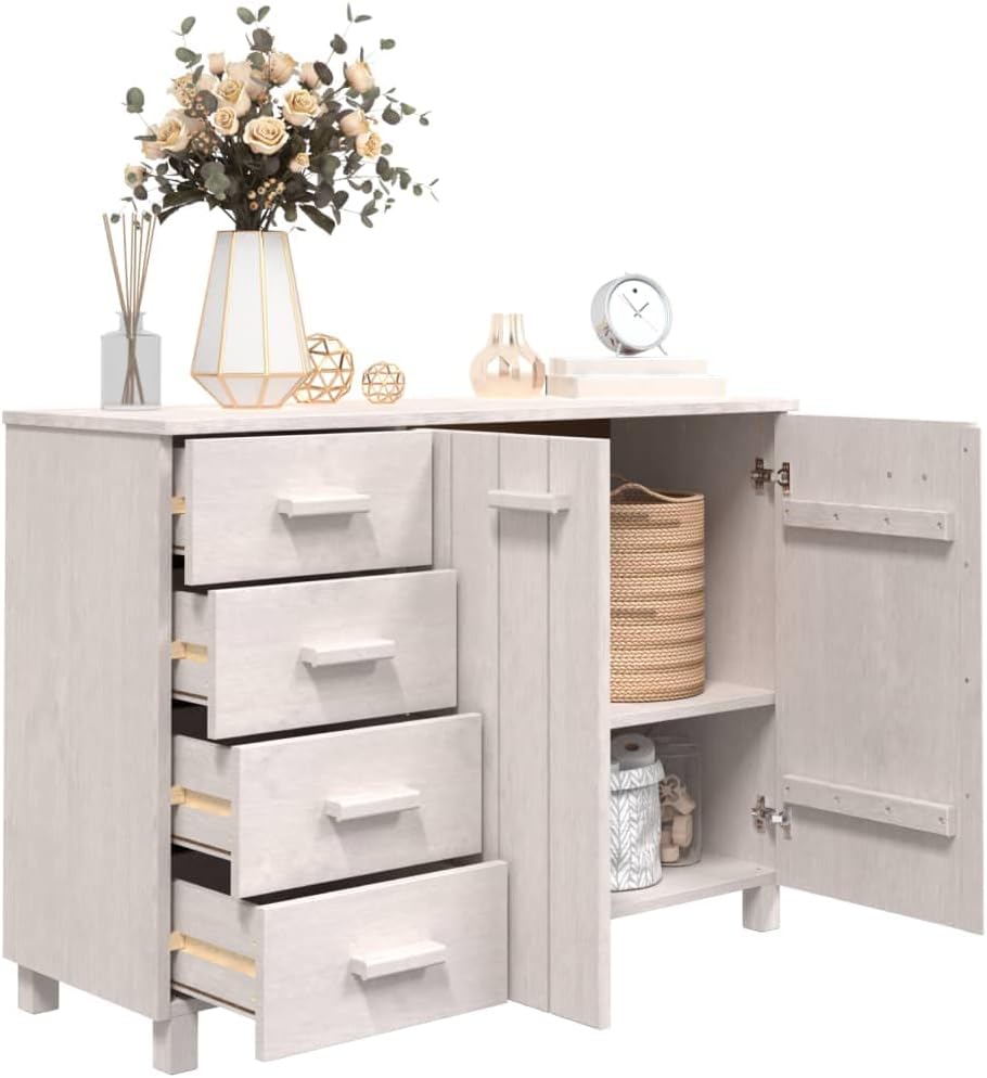 White Solid Pinewood and MDF Medium Sideboard with 4 Drawers and 2 Doors for Dining Room Living Area Storage Furniture