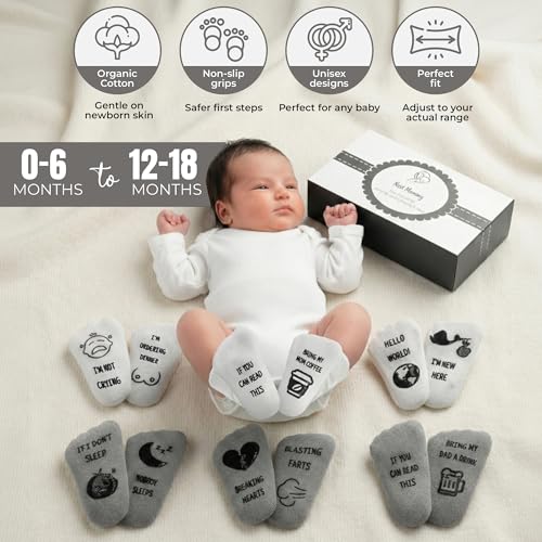 Image of Baby Socks Gift Set - 6 Cute & Funny Non-Slip Socks for Boys & Girls | Baby 0-6 Months to 12-18 Months | Organic Cotton with Grips