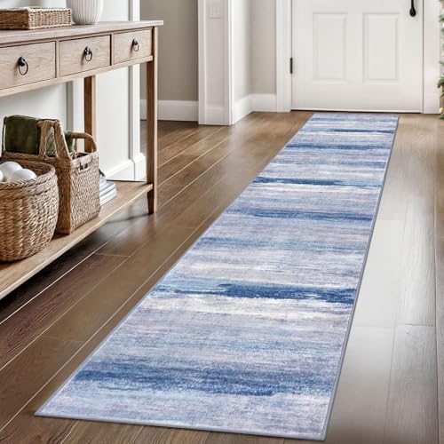 KOZYFLY Modern Abstract Hallway Runner Rug, 2x8 Washable Rug Runner Non-Slip Soft Striped Kitchen Runner Rugs, Print Distressed Blue/Grey/Beige Carpet Runner for Entryway Bathroom Laundry Room Foyer