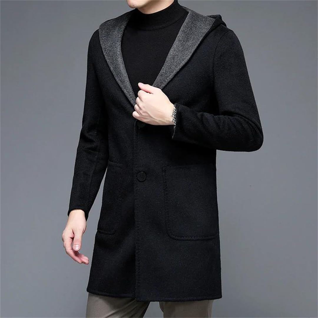 Men's Reversible Wool Blend Overcoat Hooded Two-Way Winter Coat Warm Double Faced Jacket
