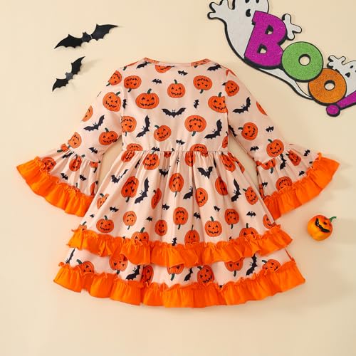Halloween Little Girl Dress Pumpkin/Bat Outfit Flared Sleeve Ruffled Dresses 3-8T3