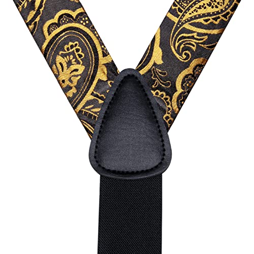 Image of Hi-Tie Black Gold Mens Suspenders Bowtie Set Floral Suspenders Pre-tied Bow Tie Pocket Square Cufflinks Adjustable Y Shape 6 Clips Braces Tuxedo