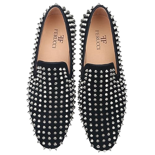 FERUCCI Men Black Velvet Slippers Loafers Flat with Silver Spikes3