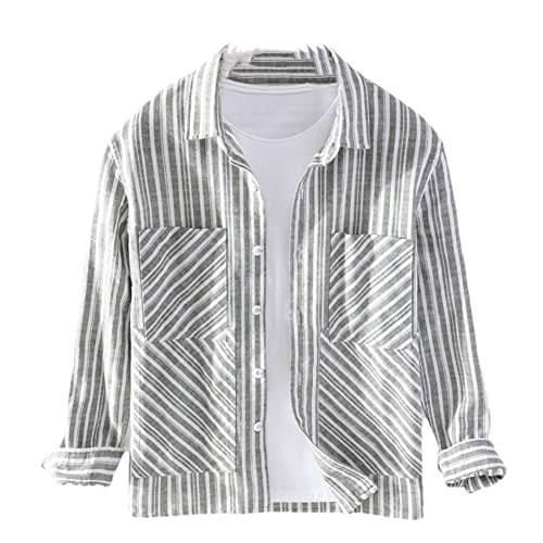 Chemise rayée en coton et lin Vsadsau homme vert armée 3XL
