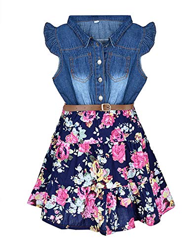 Bototao Toddler Kids Girls Dress Washed Denim Floral Print Sleeveless Skirt Party Dress One-Piece Clothes Summer (5-6X, Denim Floral Dress with Belt)