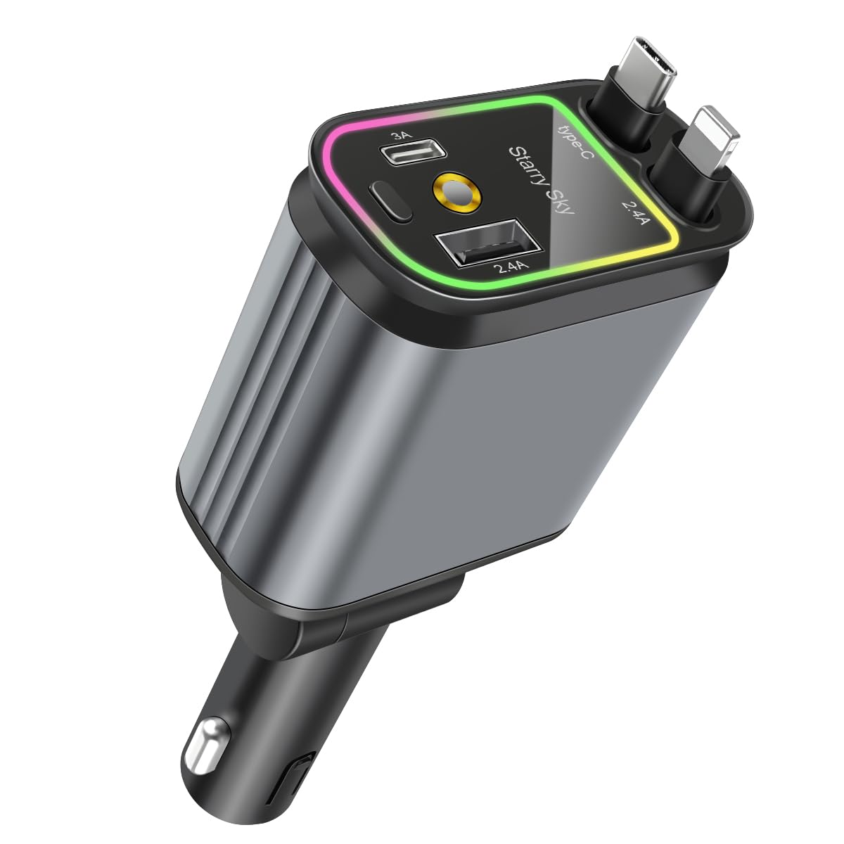 Ankuee - Cargador de coche con luz Starrylight, 4 en 1 retráctil tipo C, adaptador de carga rápida de 120 W para teléfonos, tabletas, accesorios multifuncionales para automóviles, universal para