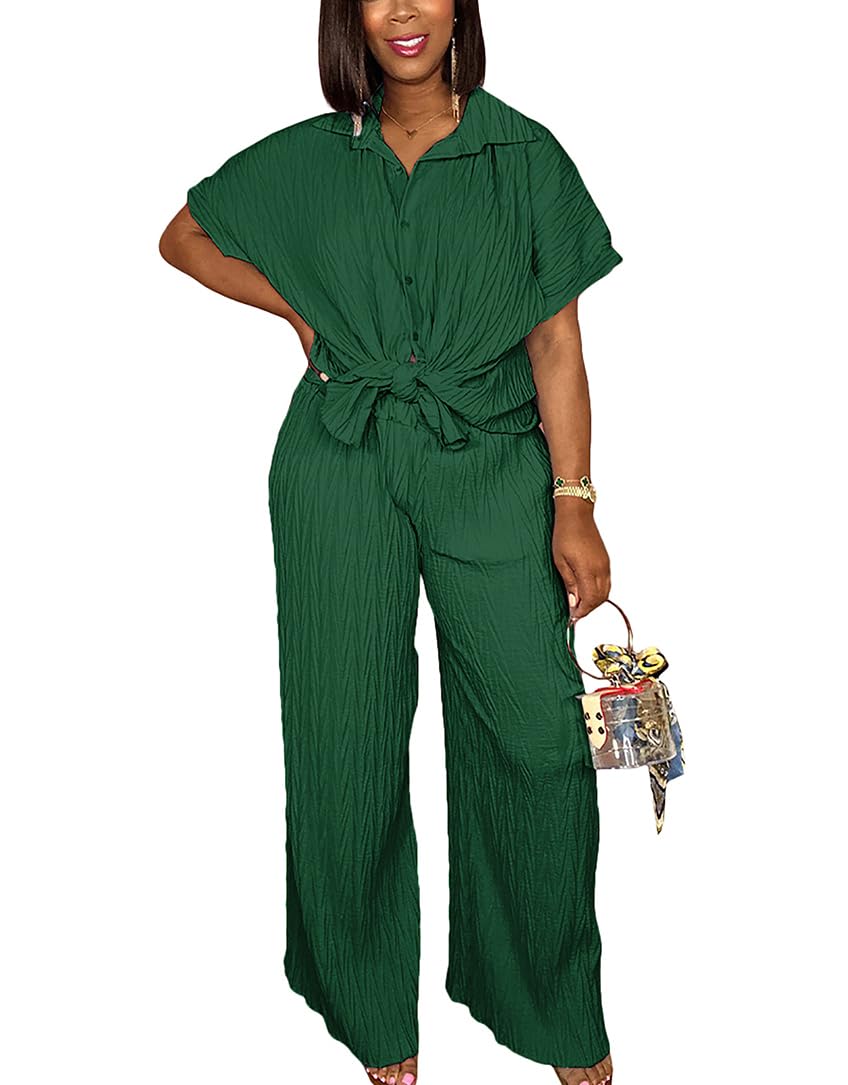 Dezraia Casual Two Piece Set for Women - Button Down Shirt and Wide Leg Pants Matching Set Tracksuits