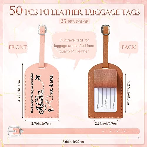 Dandat 50 Sets Wedding Favor Gifts for Guests Bulk PU Leather Honeymoon Travel Luggage Tags with Name Tel Address Cards and Organza Bags for Bridal Shower Wedding Return Gift Favors, Pink Brown2