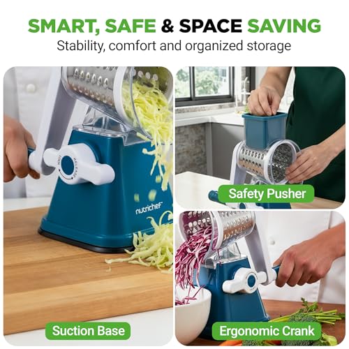 NutriChef 3 in 1 Cheese Grater & Shredder | Strong Suction Base, Rotary Handle with Safety Lock | Includes Hand Crank & 3 Drum Blades for 3 Textures, Fine, Medium & Strips | Blue by NutriChef - Used condition - Image 7