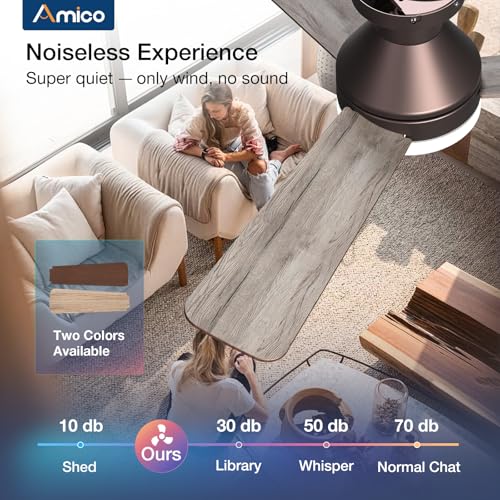 Image of Amico Ceiling Fans with Lights, 42 inch Low Profile Ceiling Fan with Light and Remote Control, Flush Mount, Reversible, 3CCT, Dimmable, Noiseless, Brown Ceiling Fan for Bedroom, Indoor /Outdoor Use