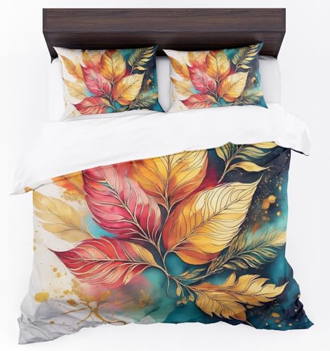 Adam Home 3D Floral Duvet Cover Set With Pillowcases Home Bedroom Décor Digital Printed Microfiber Single Bedding Set Made in UK|Colorful Leaves