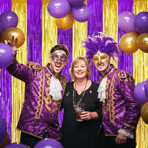 Image of BEISHIDA 2Pcs Purple Gold Door Streamers Congrats Grade 2026 Decoration Backdrop Foil Fringe Tinsel Party Streamers Curtains for Birthday Graduation Mardi Gras Lakers Decoations (3.28 ft x 6.56 ft)