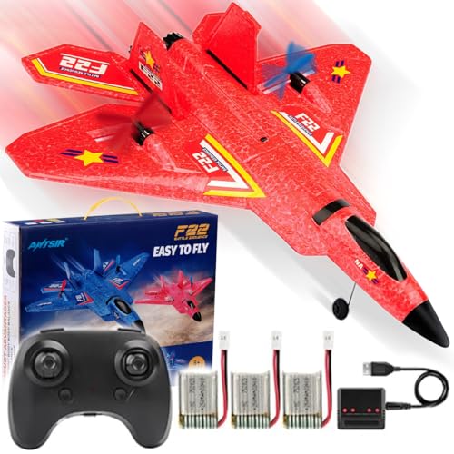 ANTSIR Remote Control Plane F-22 Raptor, 2.4GHz Rc Airplane with Smart Gyro/LED Lights/3 Rechargeable Batteries, Foam RC Jet Glider Gift for Kids Boys Girls 8-12 Year Old (Red)