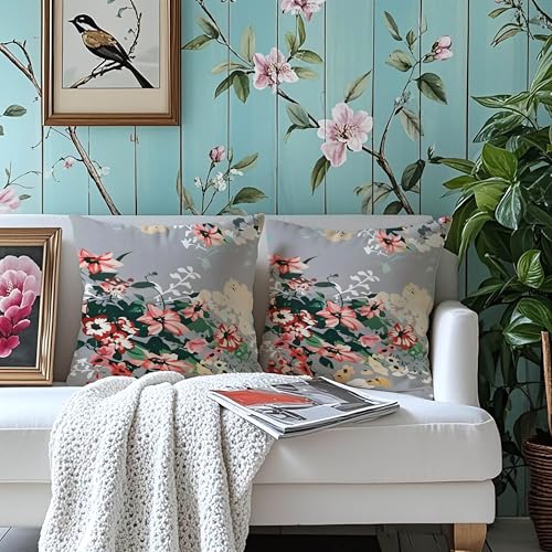 mellicoma Waterproof Outdoor Pillow Covers 18x18 Pack of 2 Gray-Background Floral Pattern Throw Spring Outdoor Pillows for Garden Funiture Patio Home