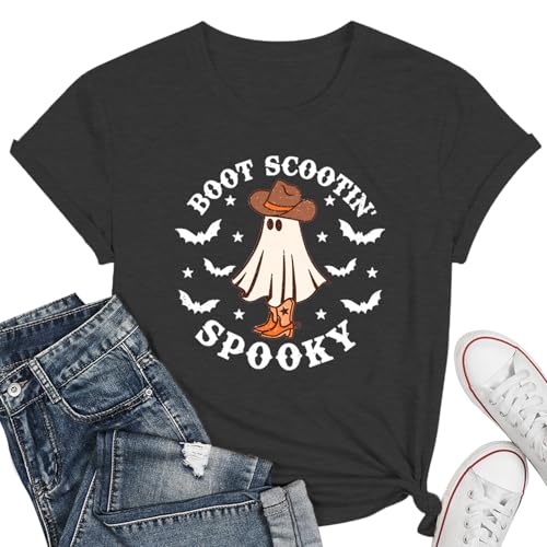 Halloween Spooky Shirt for Women Ghost Tshirt Boot Scootin Spooky Shirt Casual Fall Vintage Shirts