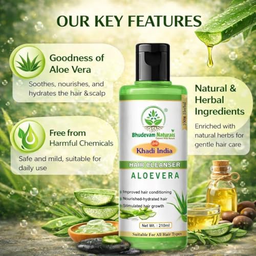 Image of Bhudevam Natural Khadi Aloe Vera Hair Shampoo Moisturizing & Nourishing Formula for Dry, Damaged Hair | Suitable for All Hair Types - Pack of 2